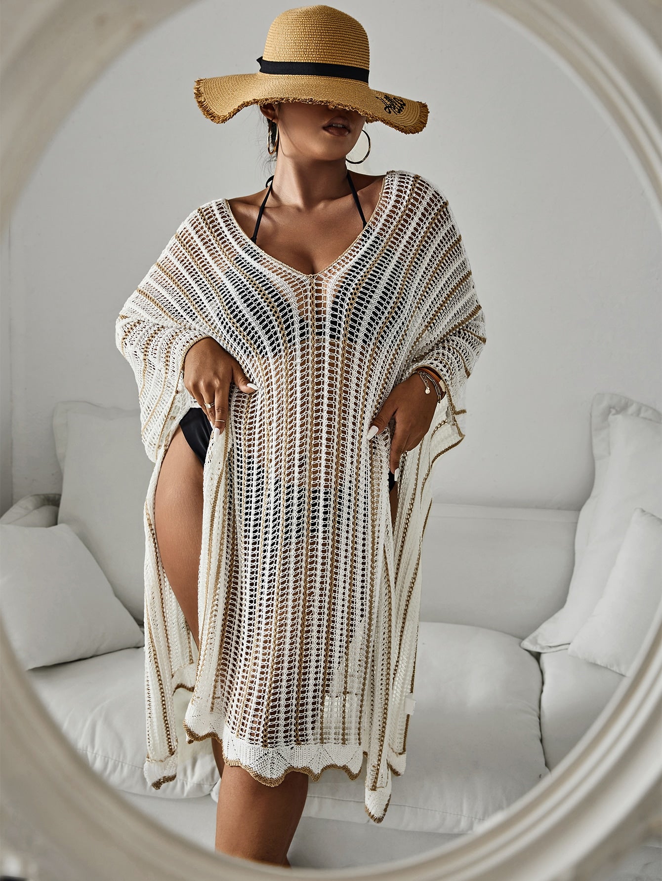 Summer Beach Plus Striped Batwing Sleeve Cover Up Without Bikini