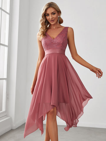 EVER-PRETTY V Neck Contrast Lace Asymmetrical Hem Dress, Semi Formal Dress