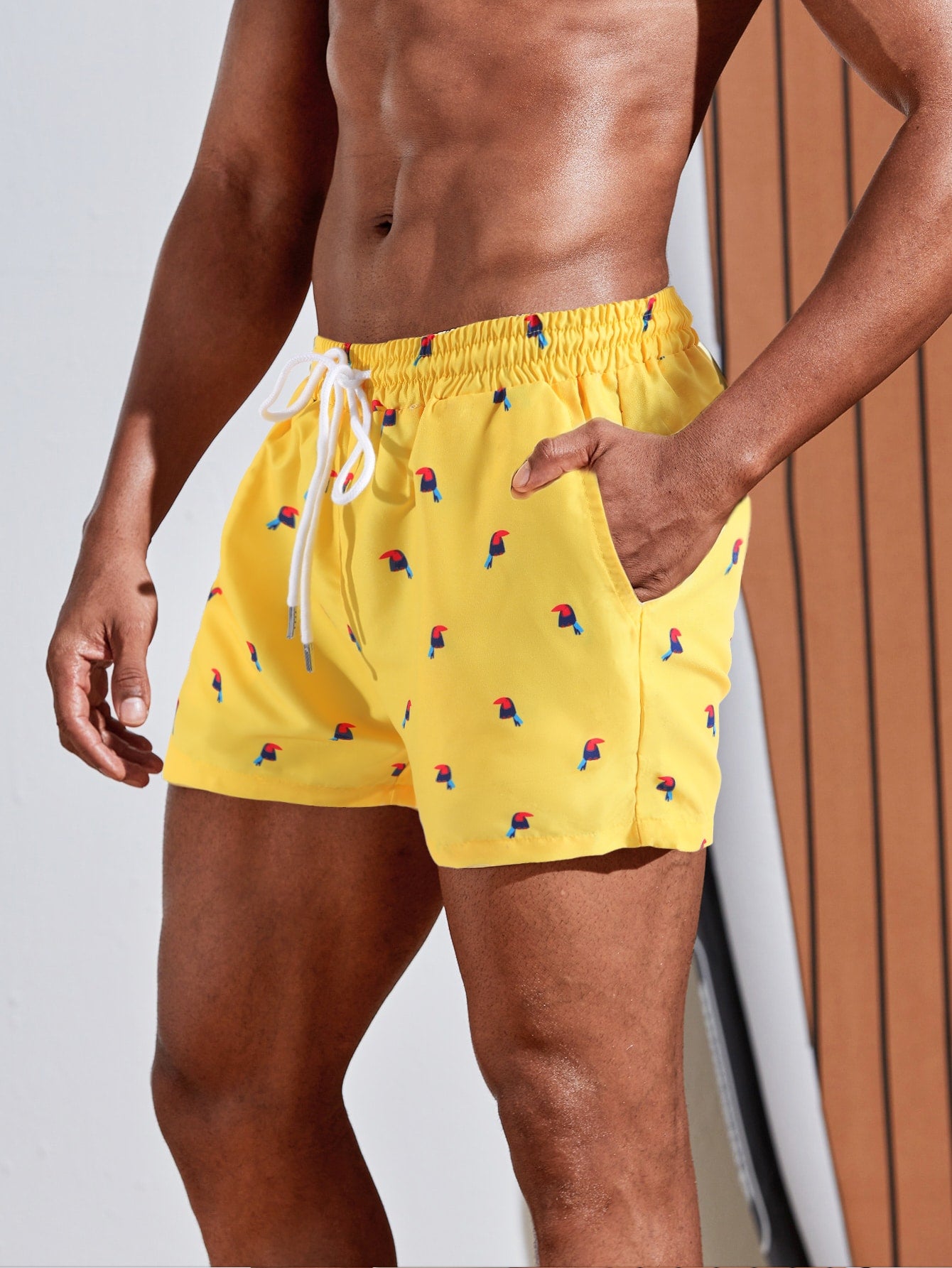 Men Random Bird Print Drawstring Waist Swim Trunks