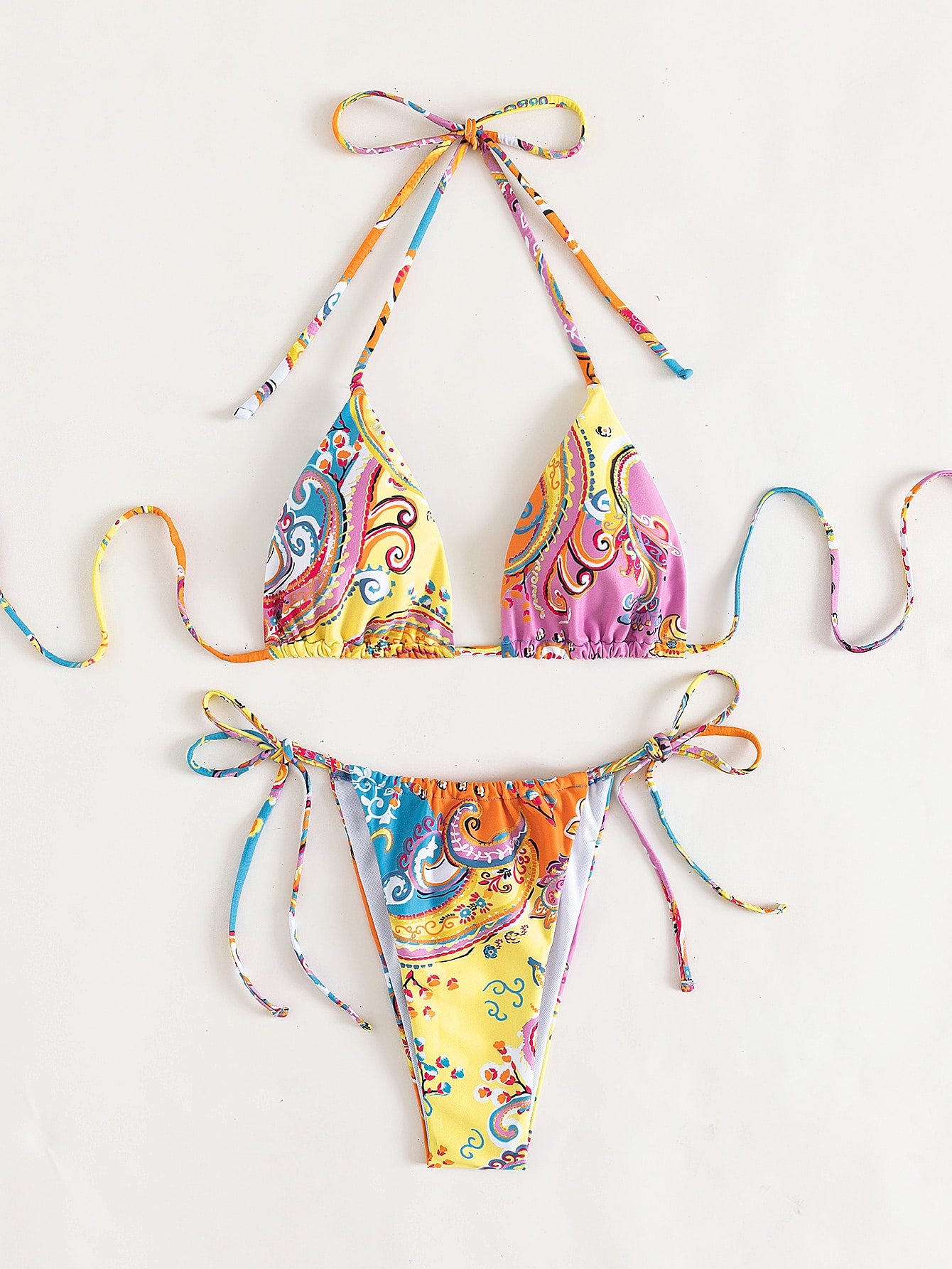 Summer Beach Paisley Print Halter Triangle Tie Side Bikini