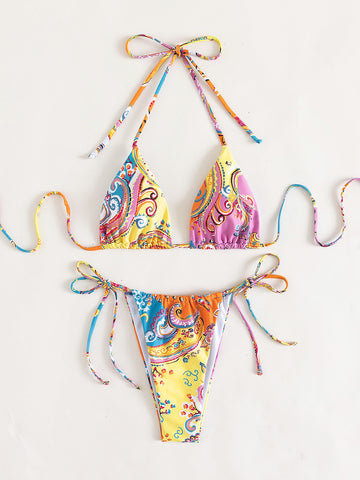 Summer Beach Paisley Print Halter Triangle Tie Side Bikini