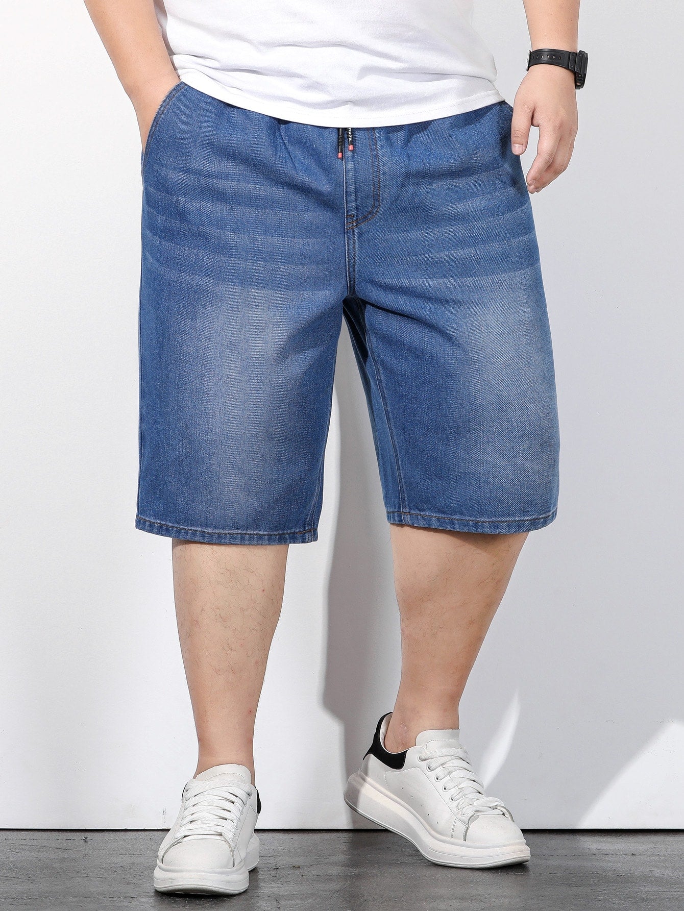 Men Plus Drawstring Waist Bermuda Denim Shorts Baggy Jorts Colorful Navy Blue Work Basic