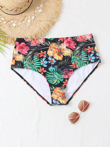 Summer Beach Plus Tropical Print High Waist Bikini Bottom