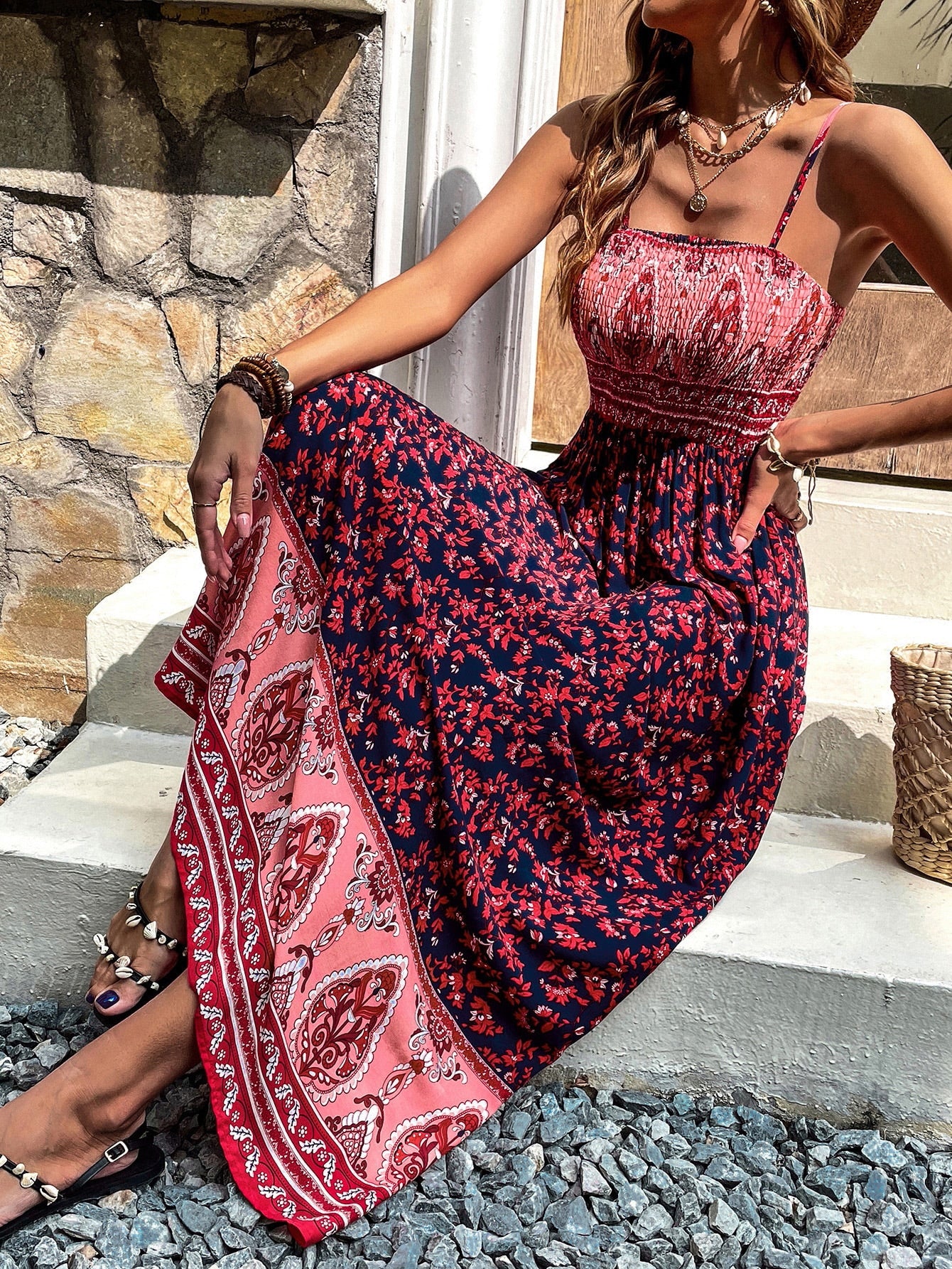 Floral Print Shirred Maxi Cami Dress