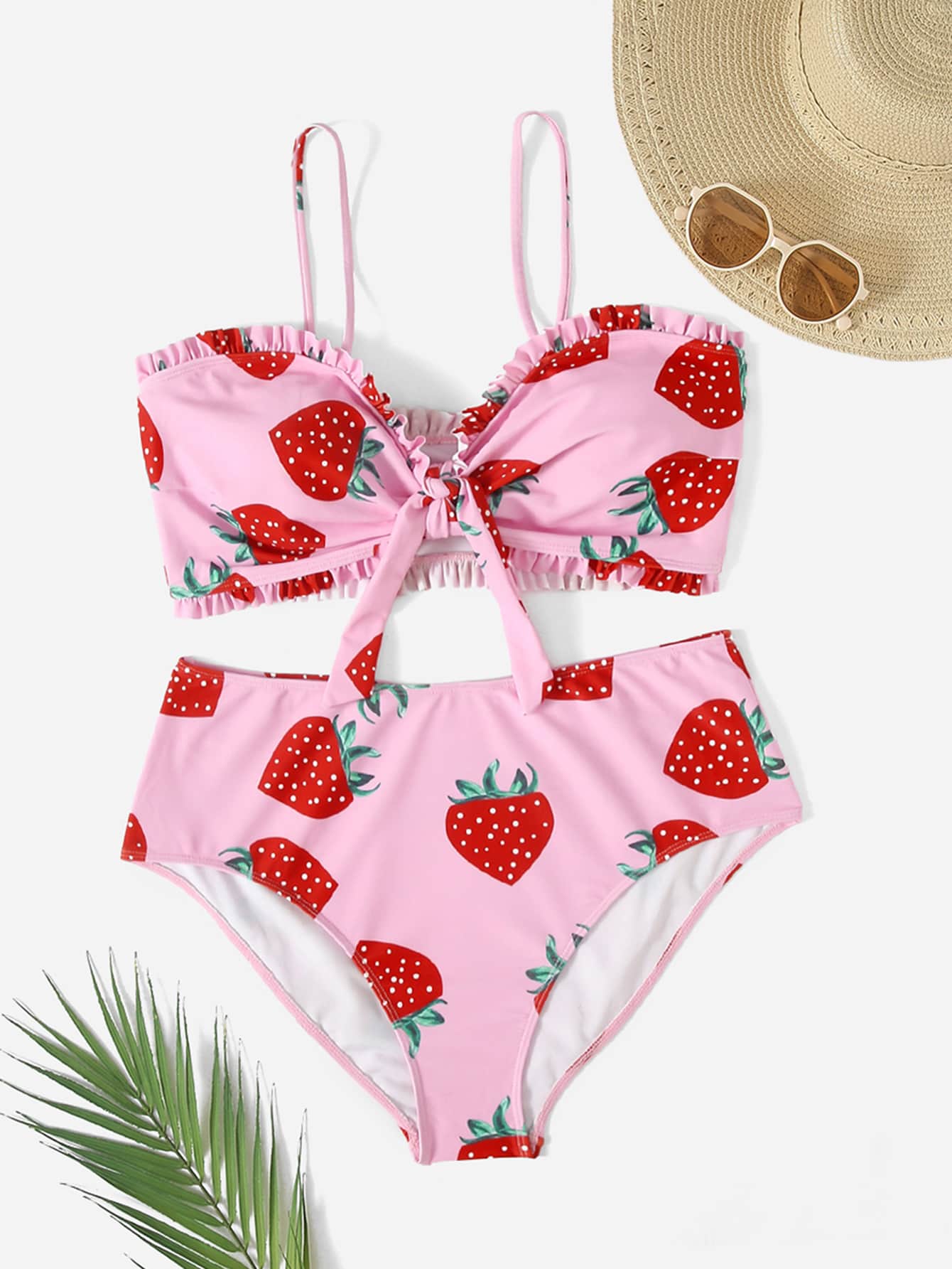 Summer Beach Plus Strawberry Print Knot Front Frill Trim High Waist Bikini Swimsuit