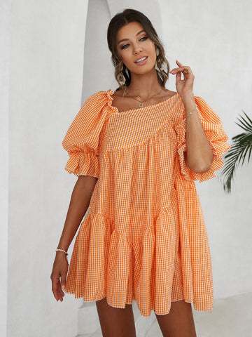 Simplee Gingham Puff Sleeve Smock Dress