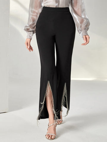 Fringe Slit Hem Flare Leg Pants