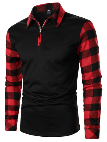 Men Quarter Zip Contrast Gingham Polo Shirt