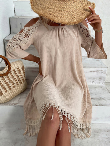 Contrast Guipure Lace Cold Shoulder Dress