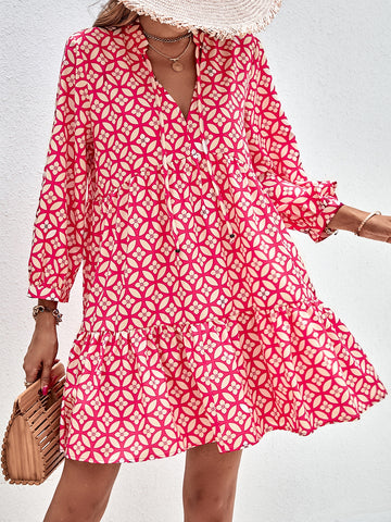 Floral Print Tie Neck Smock Dress