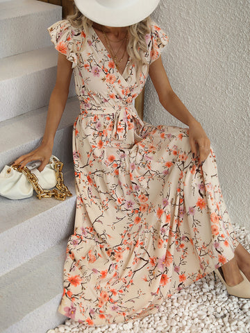 Floral Print Butterfly Sleeve Ruffle Hem Belted Dress