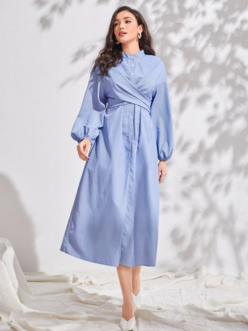 Lantern Sleeve Button Front Shirt Dress