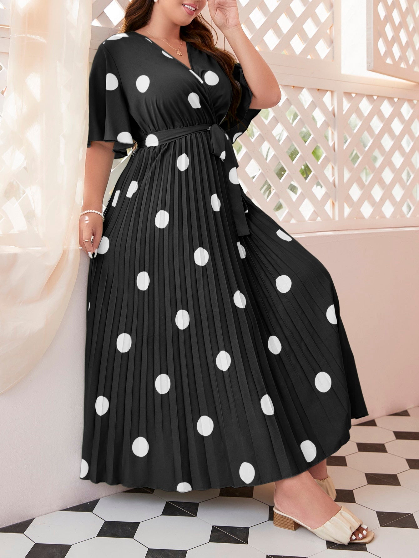 Plus Polka Dot Print Butterfly Sleeve Pleated Belted Dress