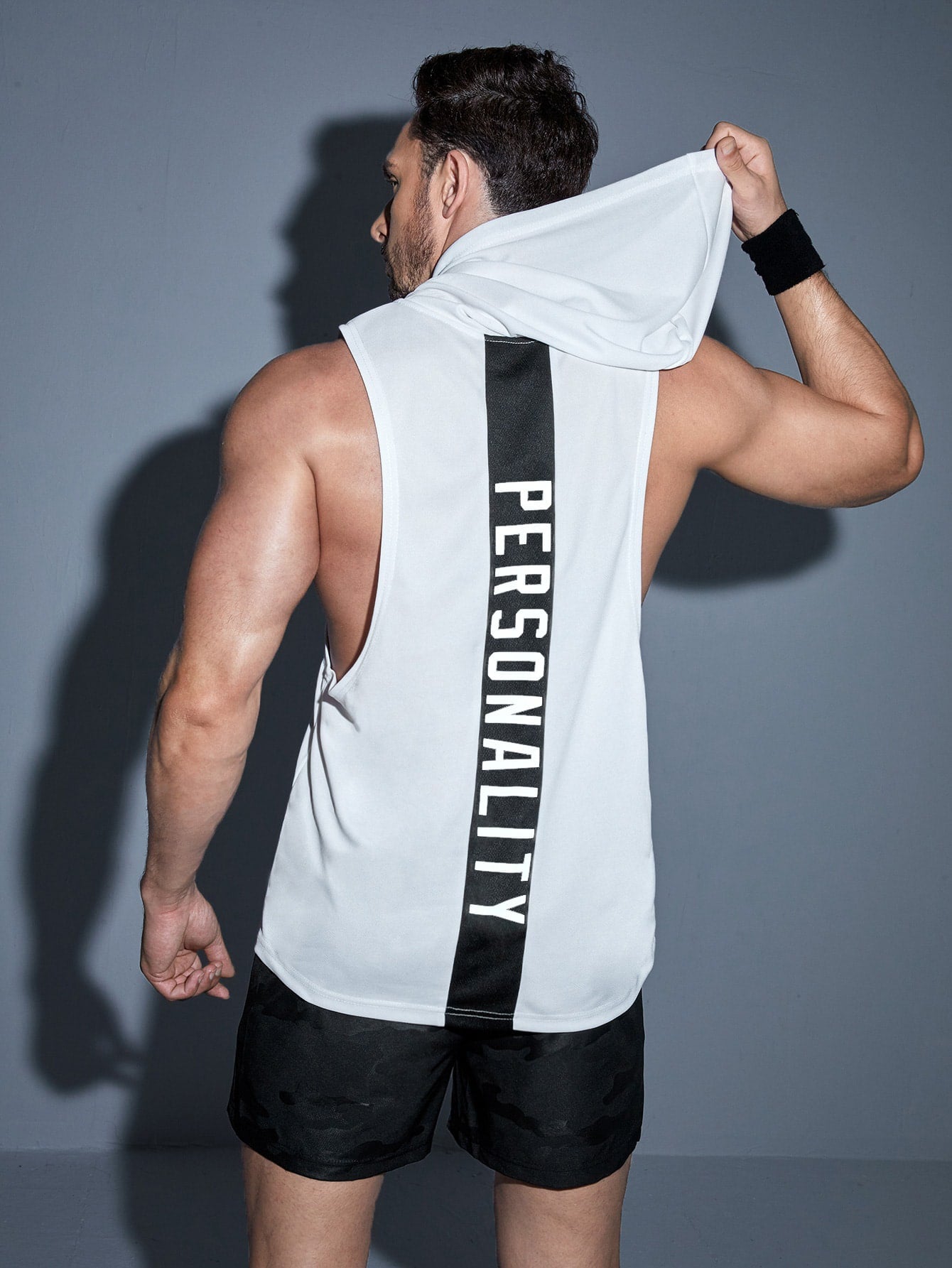 Men Reflective Letter Graphic Drawstring Hooded Sports Tank Top Workout Tops