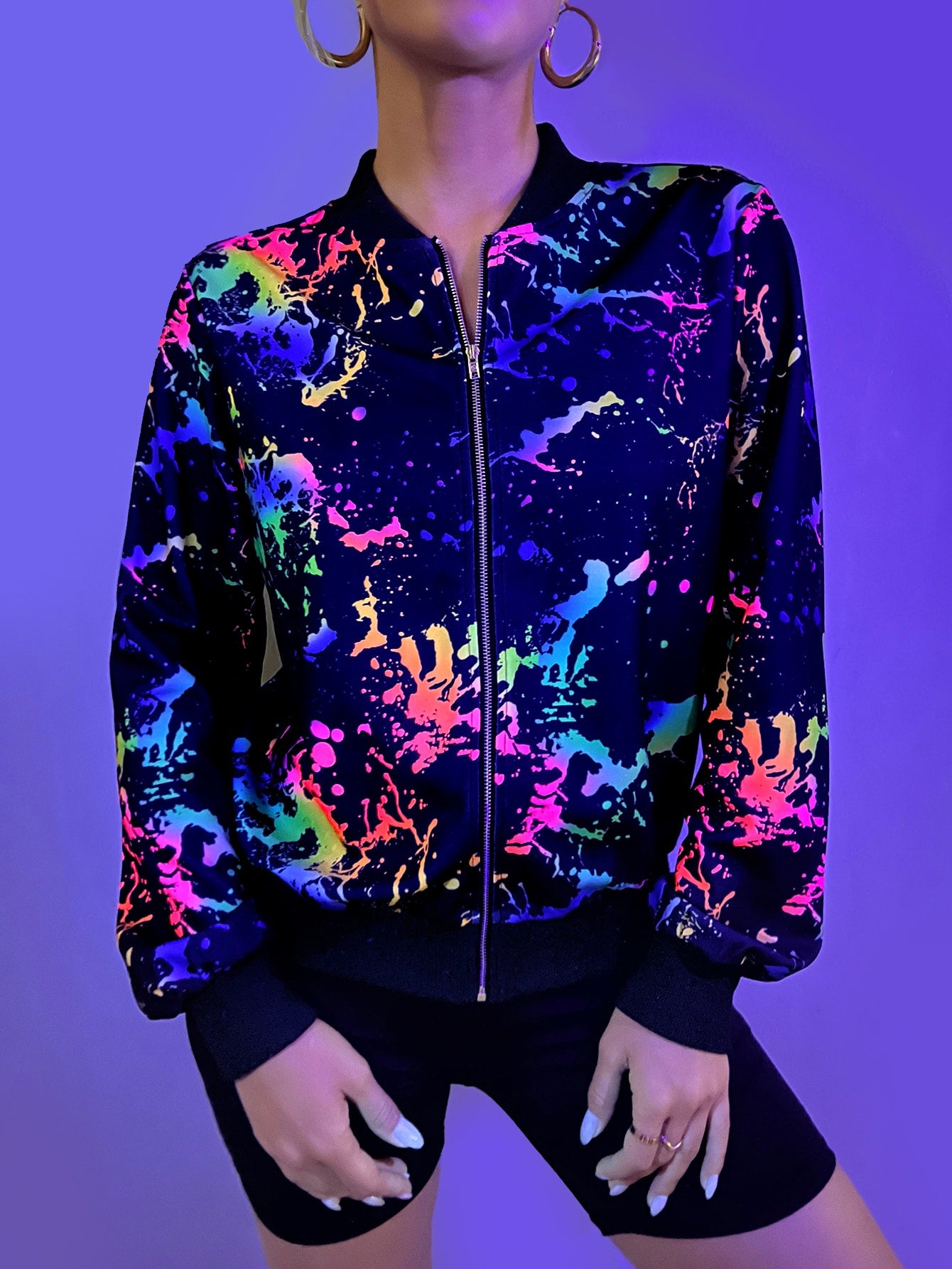 Reflective Splash Ink Print Zipper Bomber Jacket