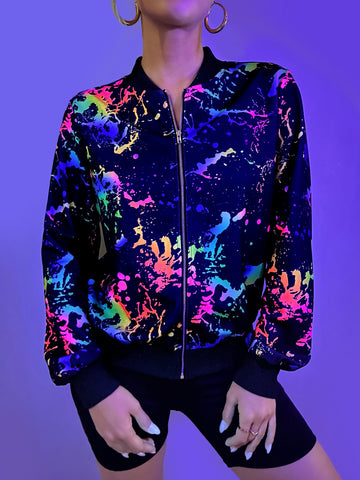 Reflective Splash Ink Print Zipper Bomber Jacket