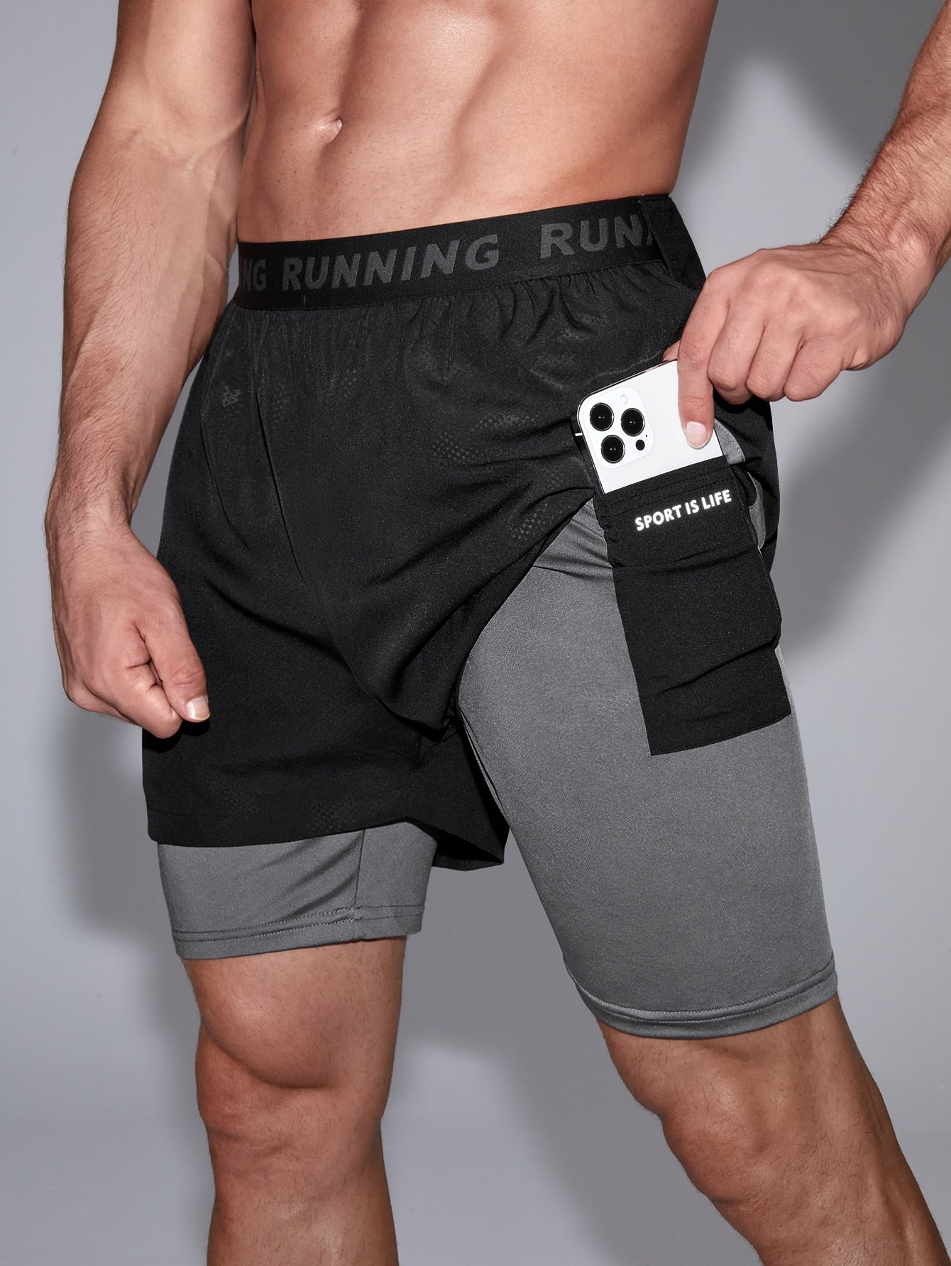 Men Reflective Panel 2 In 1 Sports Shorts With Phone Pocket