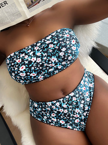 Summer Beach Plus Floral Print Circle Lace Trim Bandeau Bikini Swimsuit