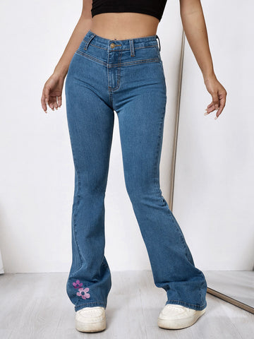 Floral Embroidery Flare Leg Jeans