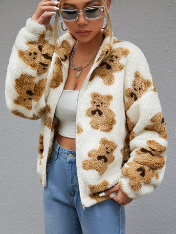 Bear Pattern Drop Shoulder Teddy Jacket