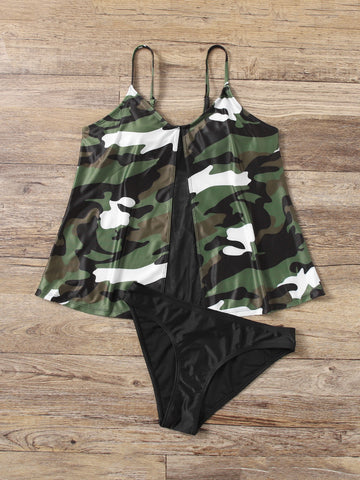 Camo Pattern Mesh Insert Bikini Swimsuit