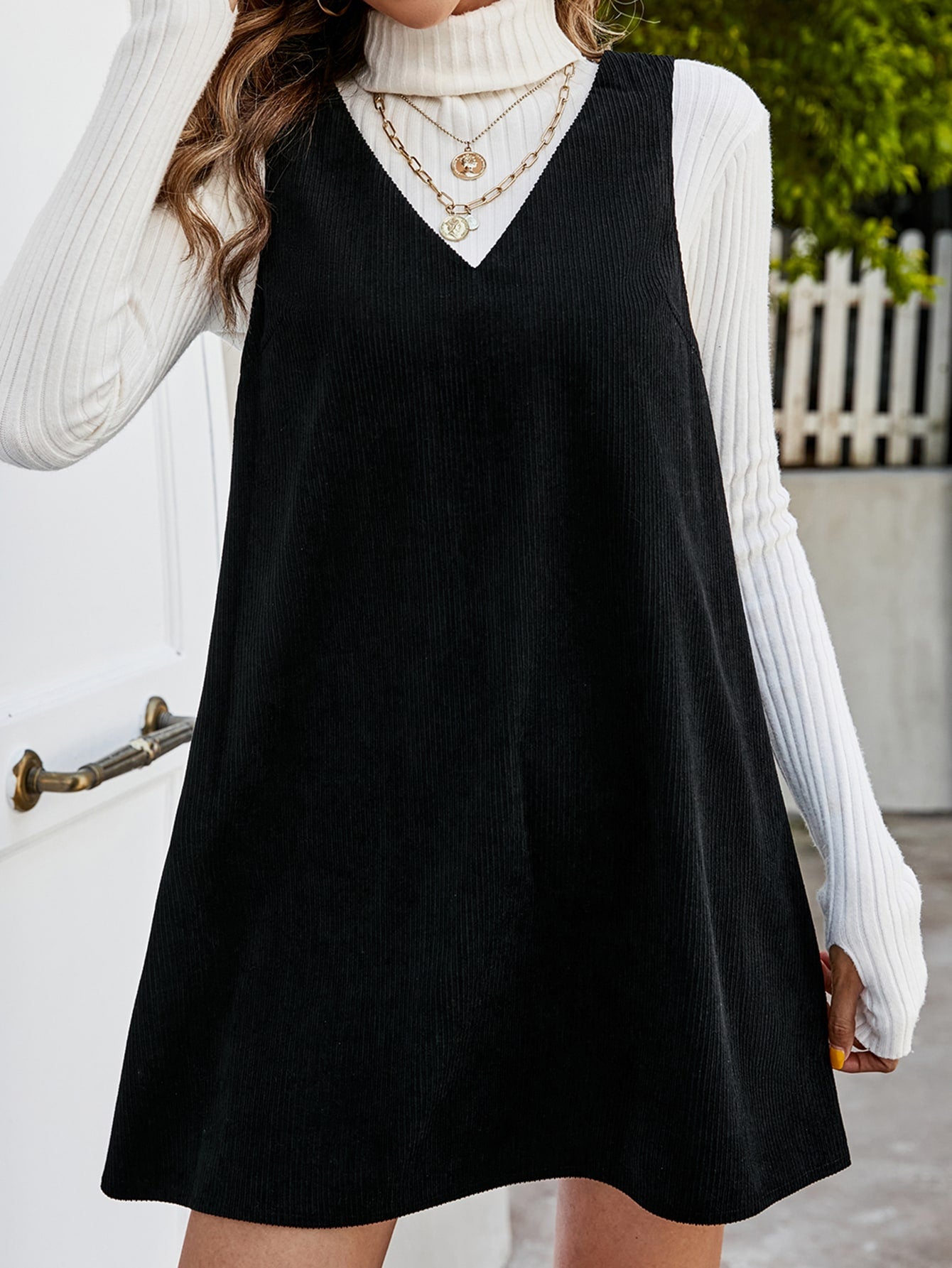 Solid V Neck Corduroy Dress Without Sweater