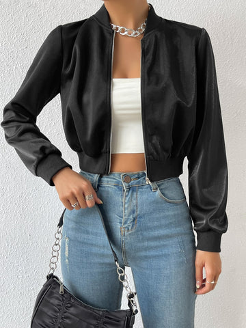 Spring ClothesSolid Zip Up Crop Bomber Jacket