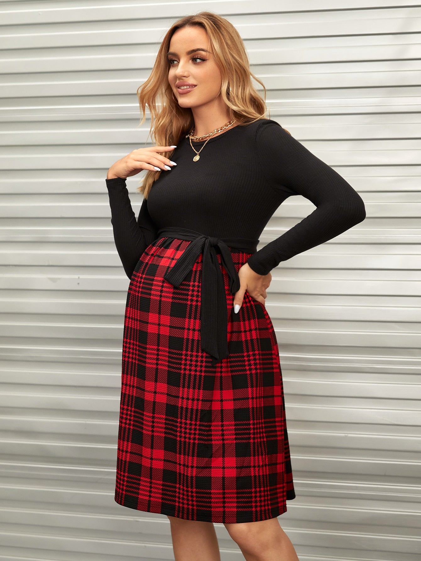 Maternity Tartan Print Combo Dress