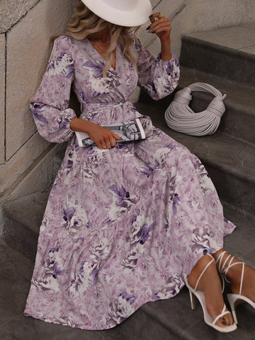 Floral Print Ruched Front Lantern Sleeve Dress