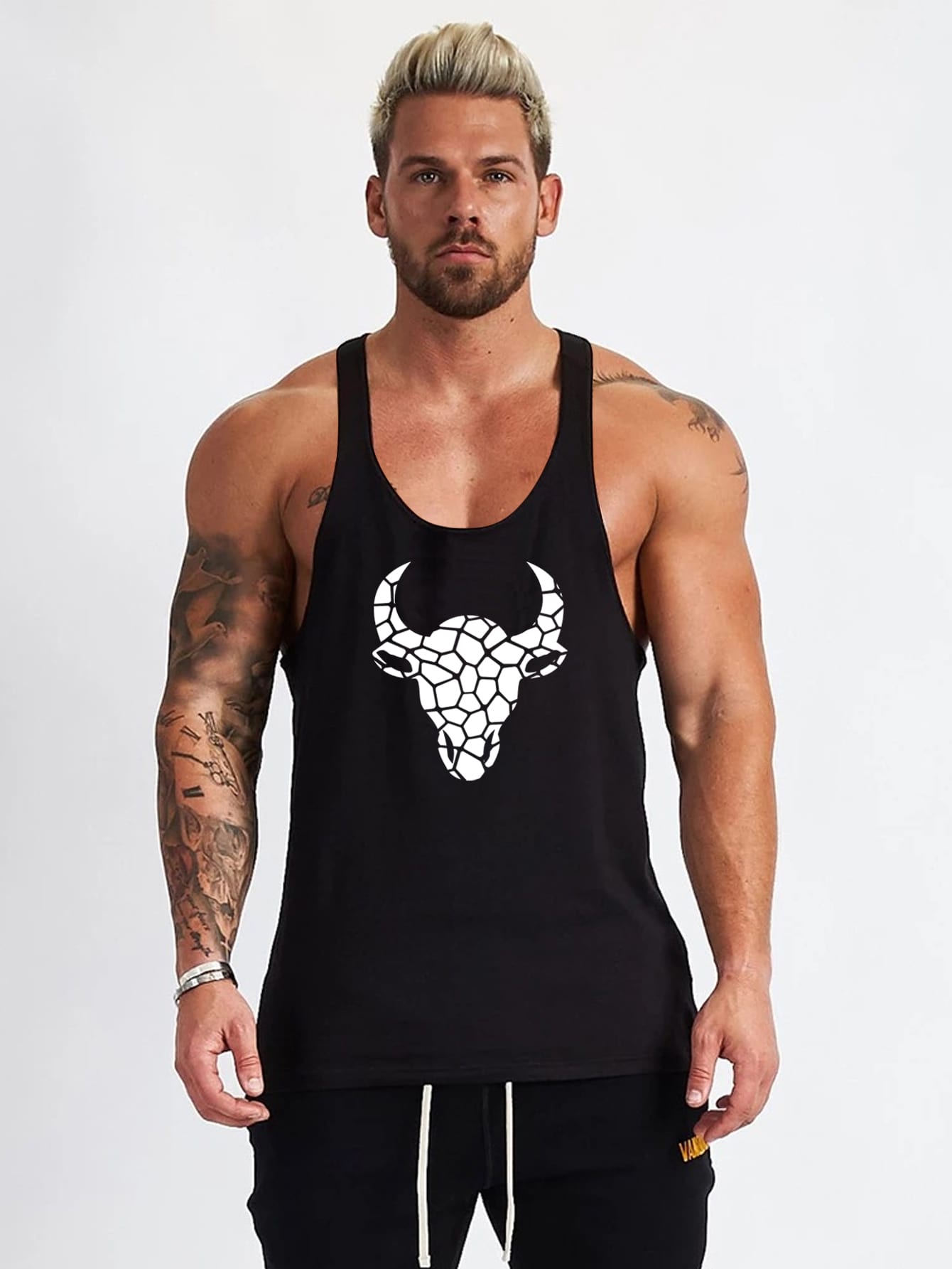 Men Cattle Head Print Racer Back Sports Tank Top Workout Tops