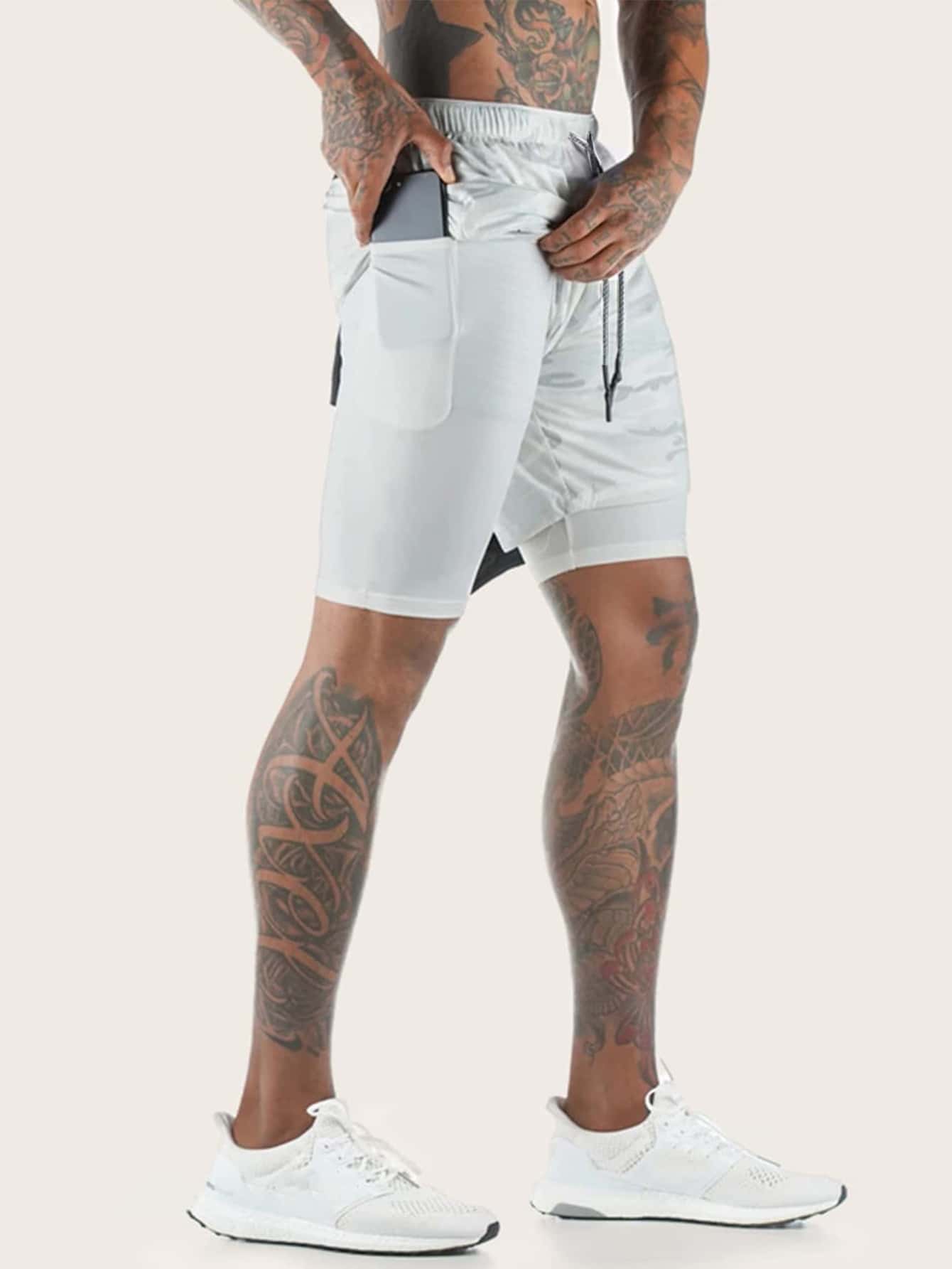 Men Camo 2 In 1 Sports Shorts With Towel Loop