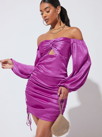 Off Shoulder Twist Front Drawstring Ruched Satin Dress