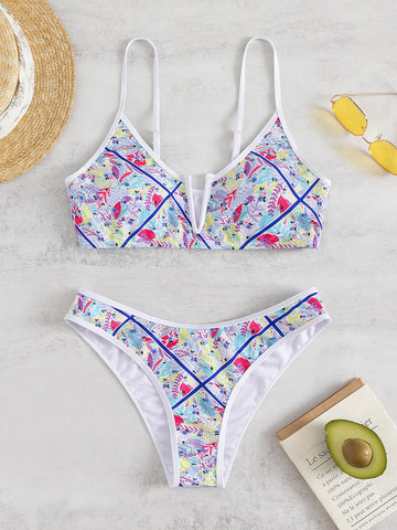 Ditsy Floral & Leaf Print V Wired Bikini Swimsuit