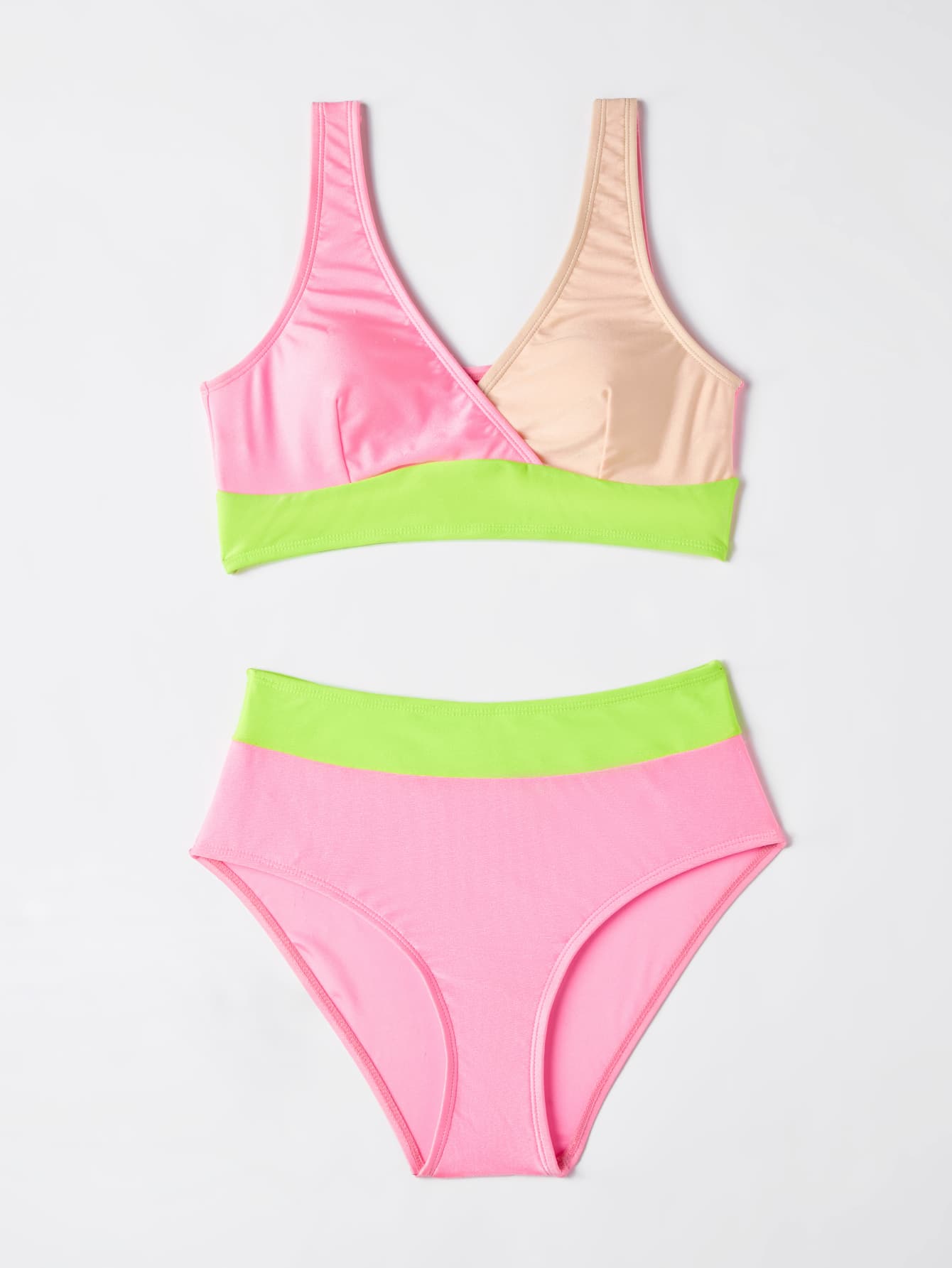 Summer Beach V Neck Contrast Neon Trim Bikini Bathing Suit