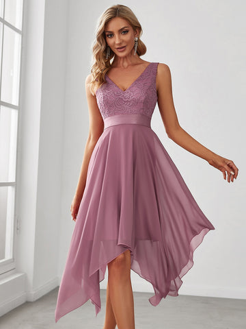 EVER-PRETTY Double V-Neck Lace Bodice Hanky Hem Dress, Semi Formal Dress