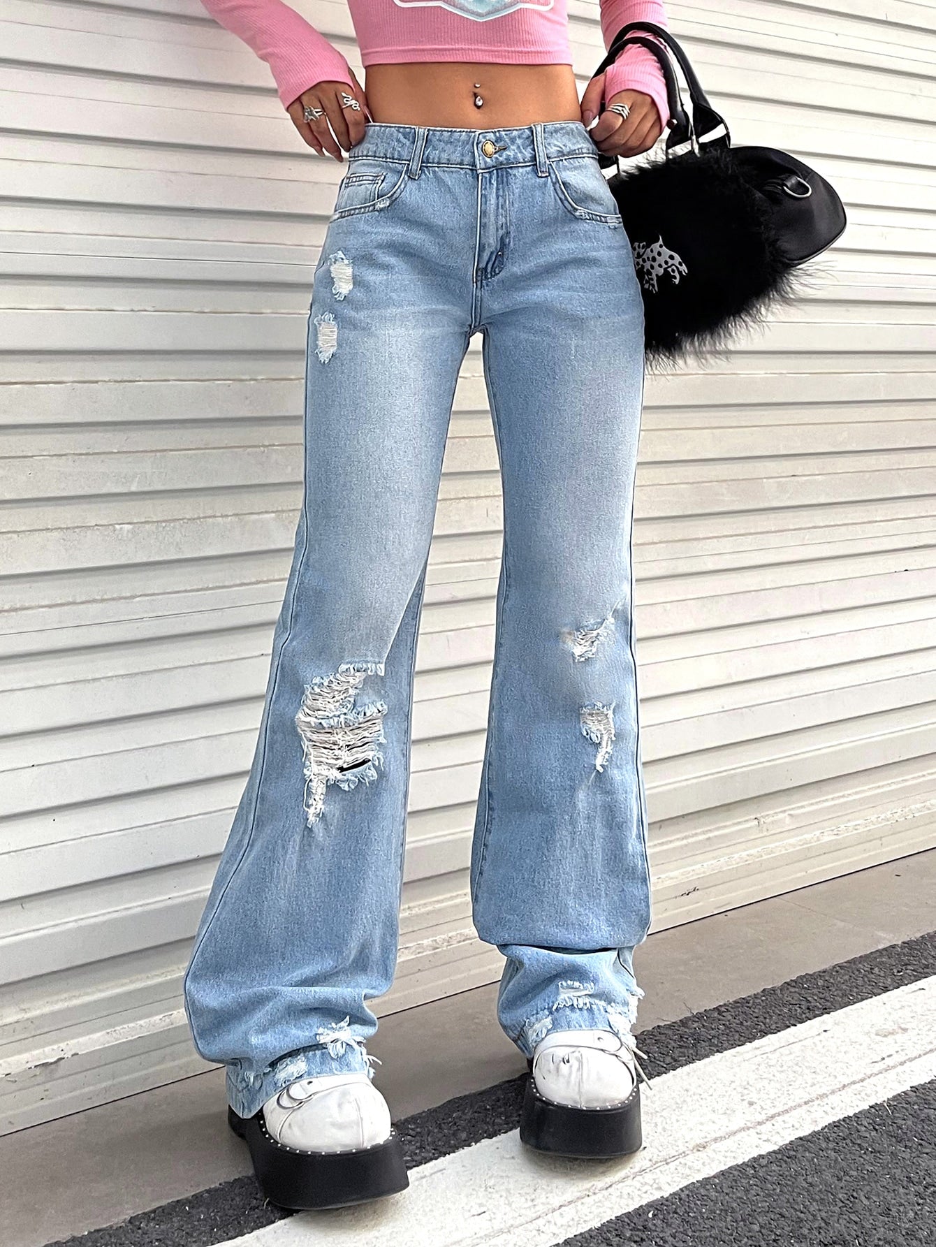 Ripped Washed Flare Leg Jeans