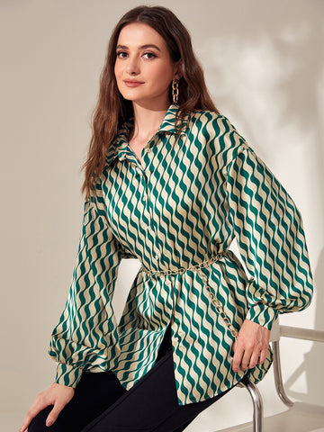 Allover Print Drop Shoulder Belted Shirt