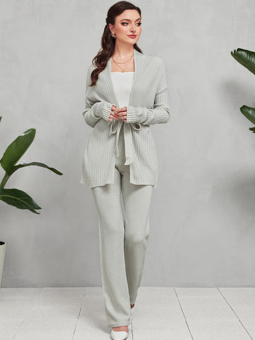 Drop Shoulder Belted Cardigan & Knit Pants