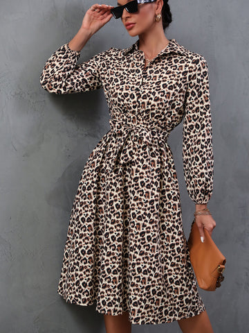 Leopard Print Belted Shirt Dress