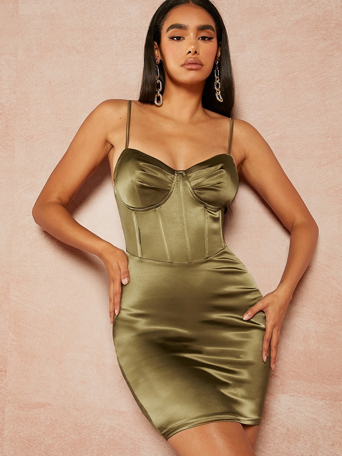 Fold Pleated Seam Front Satin Cami Dress