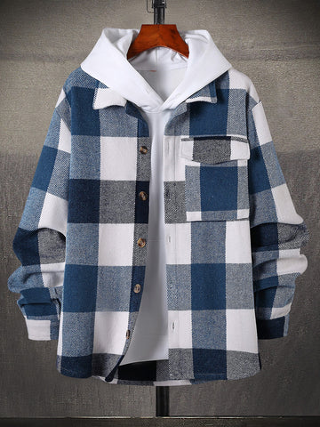 Men 1pc Buffalo Plaid Print Flap Pocket Overcoat