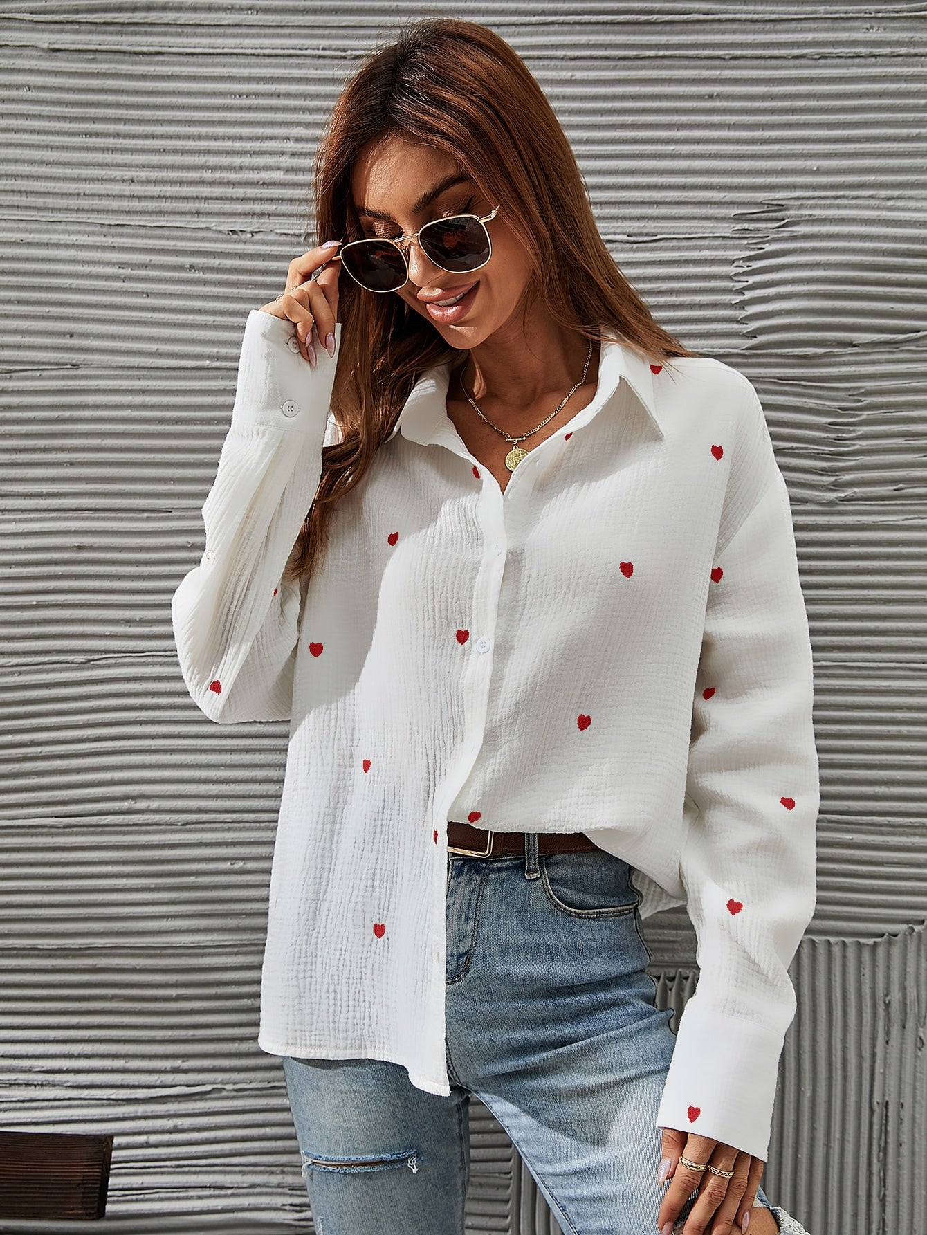 Heart Embroidery Drop Shoulder Shirt