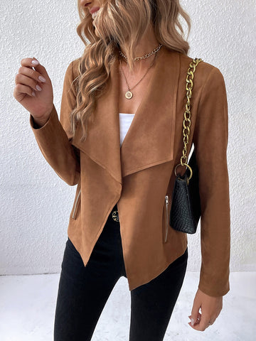 Waterfall Collar Open Front Faux Suede Jacket