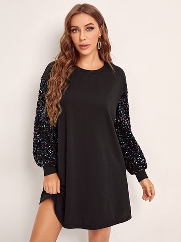 Contrast Sequin Lantern Sleeve Dress