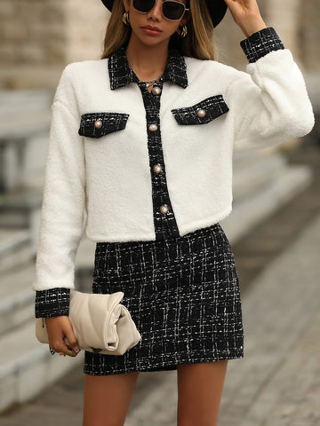 Contrast Trim Teddy Jacket & Tweed Skirt