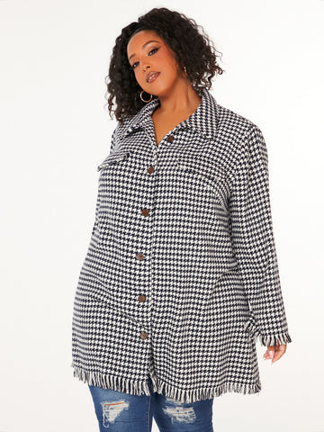 Plus Houndstooth Print Raw Cut Tweed Overcoat