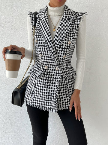 Houndstooth Print Double Breasted Vest Blazer Without Sweater