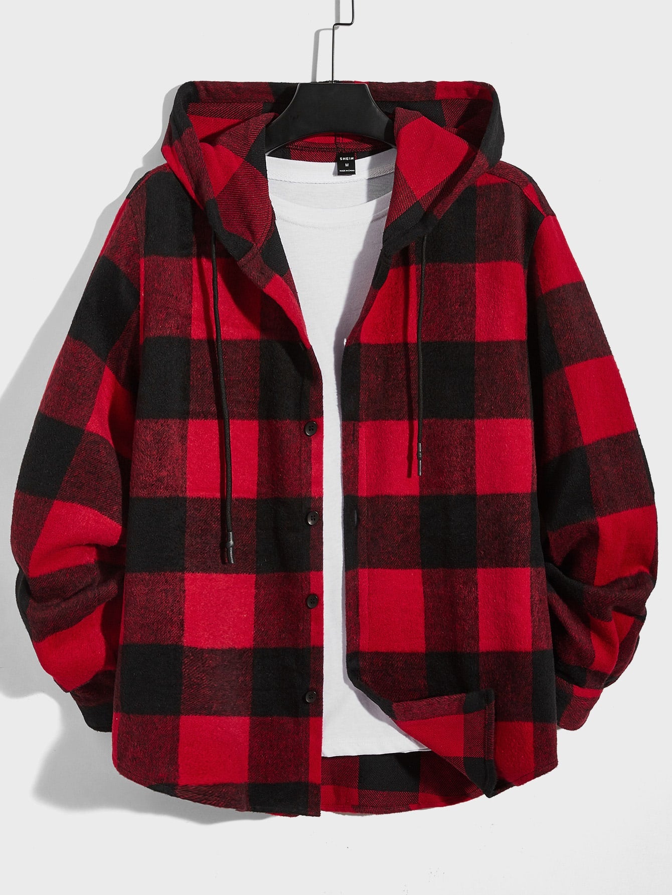 Men 1pc Buffalo Plaid Drawstring Hooded Tweed Overcoat