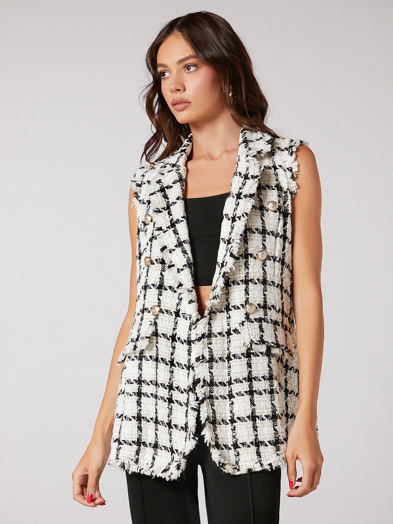 Notch Collar Frayed Edge Tweed Vest Blazer Workwear