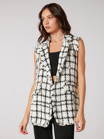 Notch Collar Frayed Edge Tweed Vest Blazer Workwear